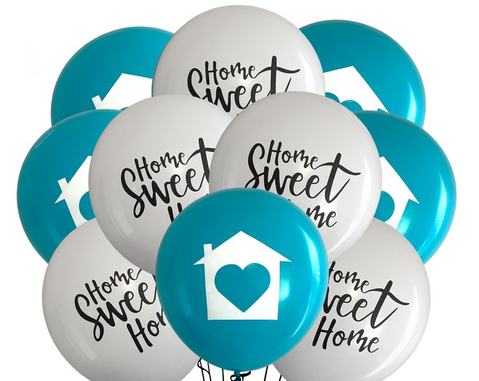 Home Sweet Home & Blue House 12 Pack Balloons, New House Party Balloons, House Warming Party Decor, New Home Balloons, Realtor Balloons