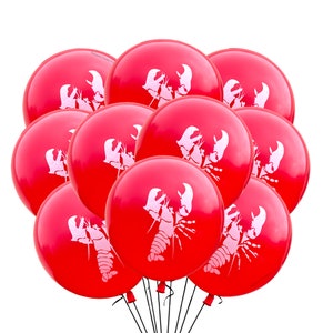 Peut inclure: Un groupe de ballons rouges, chacun orn&eacute; d'un motif de homard blanc. Les ballons sont gonfl&eacute;s et regroup&eacute;s, avec des ficelles noires et des attaches rouges visibles &agrave; la base. Le fond est blanc.
