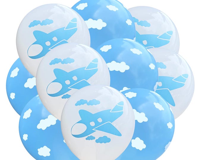 Airplane Balloons, 12" Pilot Theme Party Balloons, Airplane Birthday Theme Decoration, Pilot Balloons, Airplane and Clouds Blue