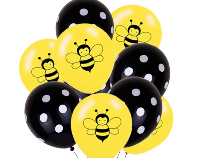 12 Pack Bee Theme Balloons, 12" Bumble Bee Polka Dot Balloons, Yellow Bee Print Party Balloons, Honey Bee Theme Decor, Baby Shower Balloons