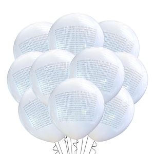 May include: A cluster of white balloons with a binary code pattern printed on them. The balloons are tied together with black string.