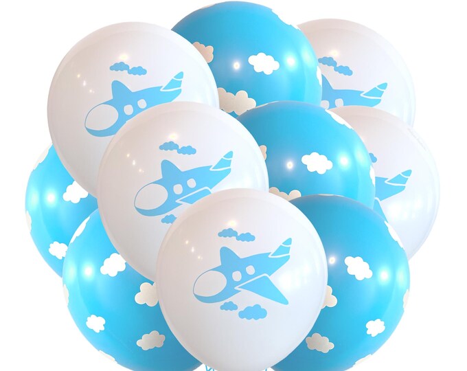 Airplane Balloons, 12" Pilot Theme Party Balloons, Airplane Birthday Theme Decoration, Pilot Balloons, Airplane and Clouds Blue