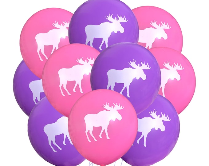 Moose Balloons, 12" Pink & Purple Moose Birthday Theme, Woodland Balloons, Moose Party Ideas, Girls Woodland Birthday, Canadian Moose
