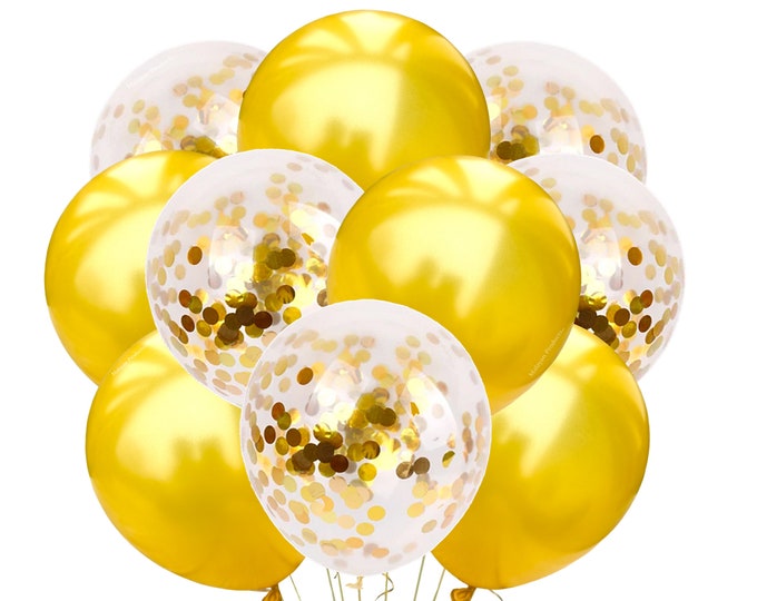 Golden Balloon Bouquet Gold Confetti & Gold Metallic Balloons, 50th Anniversary Balloons, Gold Wedding Balloons