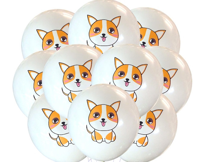Corgi Balloons, 12" Dog Balloon, Puppy Print Party Balloon, Corgi Birthday Theme Decorations, Baby Shower Dog Balloons, Cute Corgi Balloons