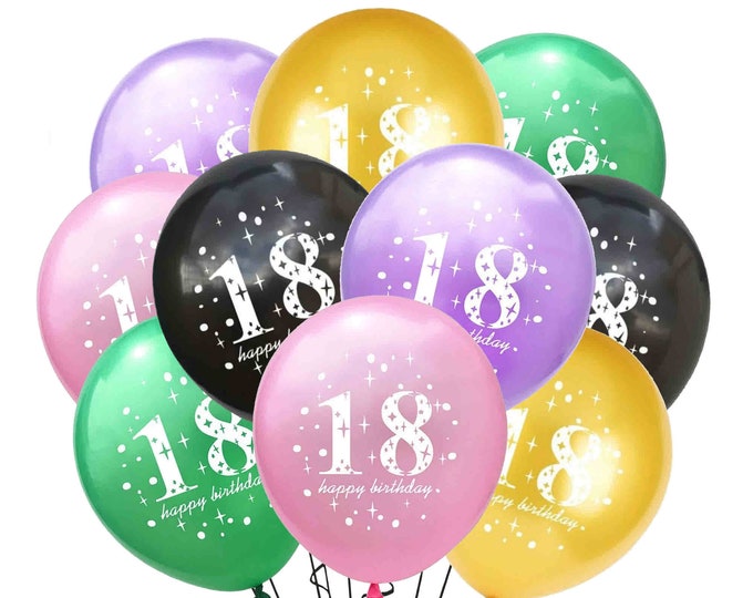 18th Happy Birthday Balloons Color Options 12" Golden Balloons Birthday Print Party Balloons, 18th Theme Décor, Adult Birthday Gold Balloons