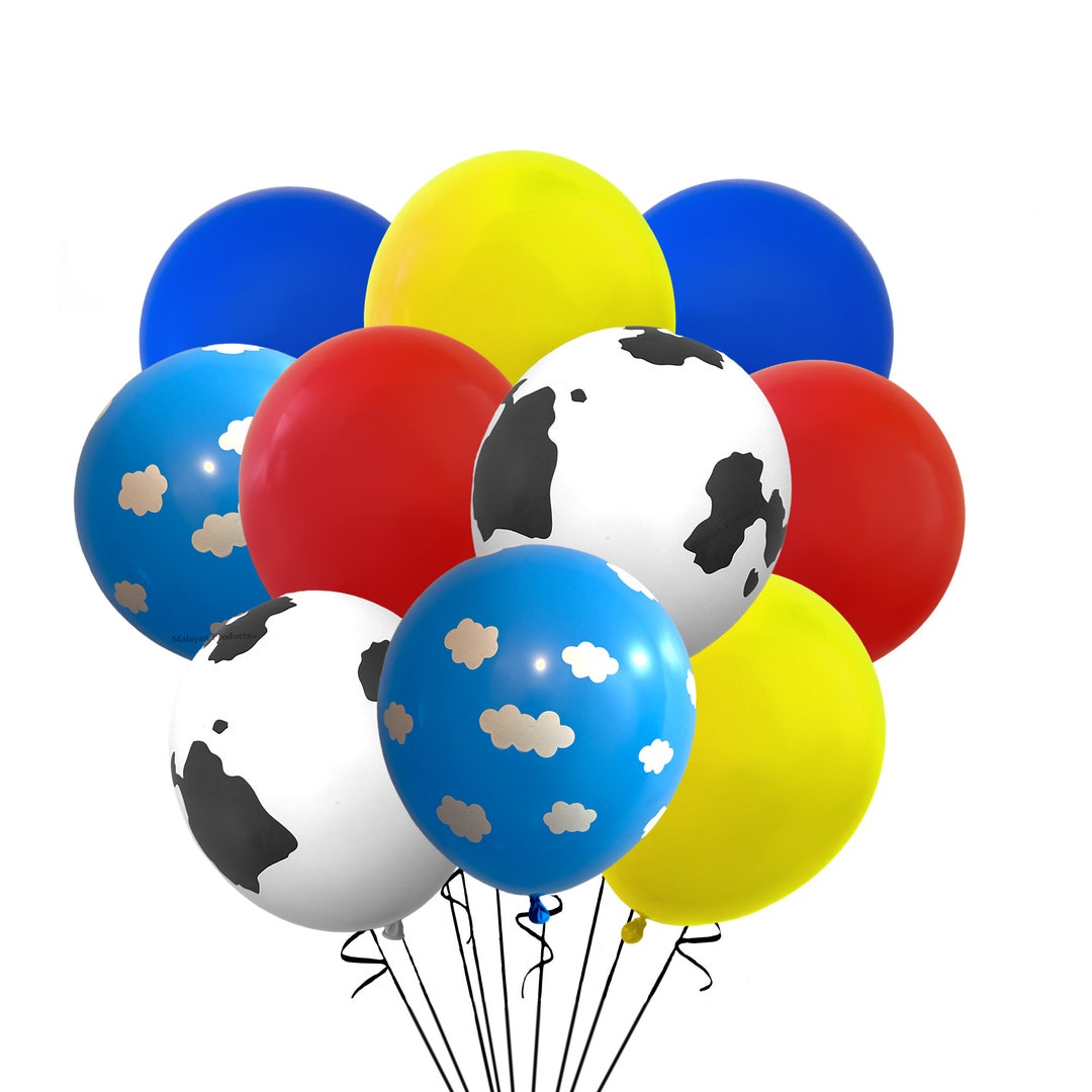 Toy Story Theme Balloon Bouquet Mix, Cow Print Balloons, Blue Cloud