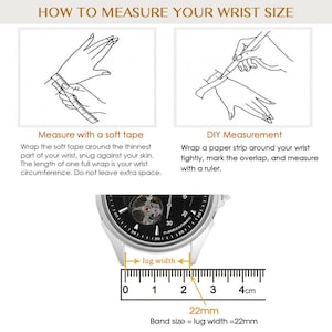 May include: An instructional graphic titled HOW TO MEASURE YOUR WRIST SIZE, featuring two diagrams for wrist measurement and a watch case positioned above a ruler showing a lug width of 22mm, indicating the band size equals the lug width of 22mm.