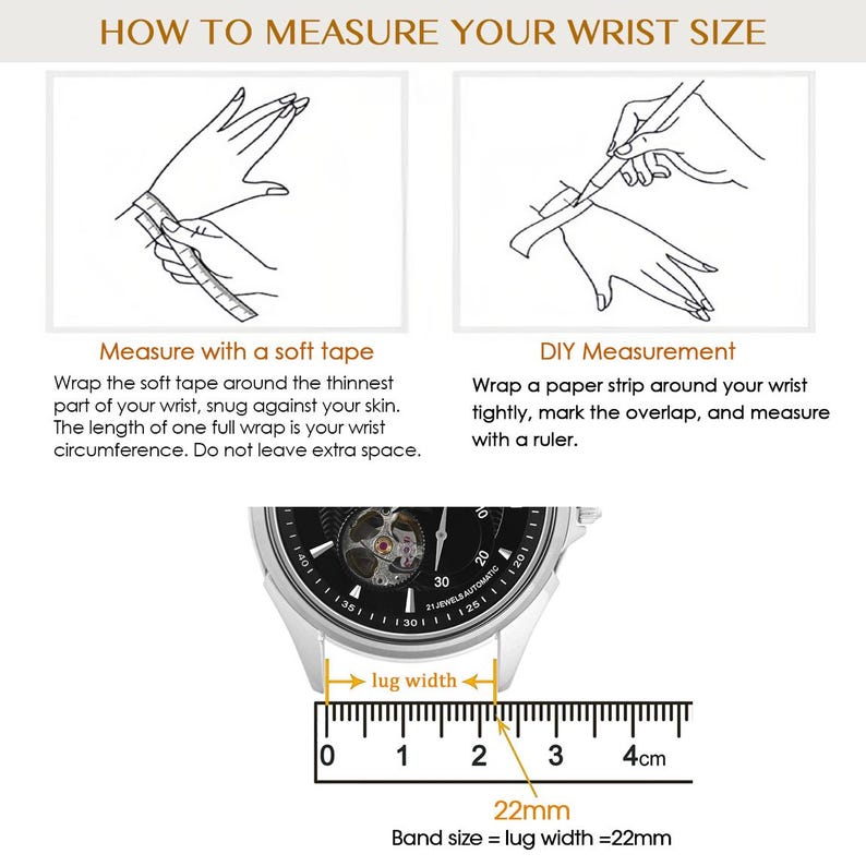 May include: An instructional graphic titled HOW TO MEASURE YOUR WRIST SIZE, featuring two diagrams for wrist measurement and a watch case positioned above a ruler showing a lug width of 22mm, indicating the band size equals the lug width of 22mm.