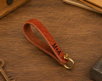 Handmade Leather Keychain Wrist Strap, Vegetable Tanned Leather Key Fob, Brass Hardware Car Key Holder, Vintage Motorcycle Keychain Gift