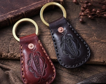 Leather Keychain Southwestern Style, Handmade Vintage Key Fob, Western Tribal Embossed Leather, Brass Ring Key Holder, Gift for Him