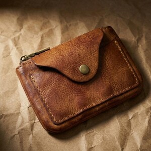May include: A brown leather wallet with a zipper closure and a flap secured by a brass button. The wallet has a textured surface and is likely made of high-quality leather. The design is compact and suitable for carrying cards and cash.