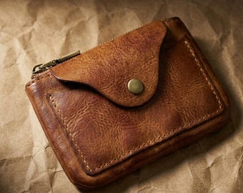 Handmade Vegetable Tanned Leather Mini Wallet - Minimalist Slim Coin Pouch, Compact Leather Card Holder, Small Change Purse,Gift for Him Her