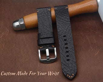 Handgemaakte Bison lederen horlogeband, aangepaste vintage donkerbruine horlogeband, volnerf, 4 mm dik, 18–26 mm, cadeau voor hem