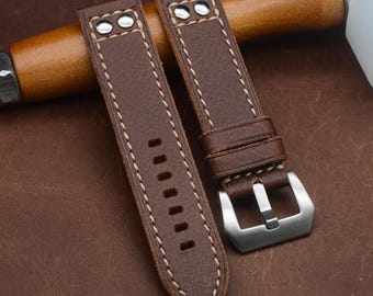 Handmade Vegetable Tanned Leather Watch Strap, Brown Pilot Watch Band with Rivets, Custom Leather Strap 18mm 20mm 22mm 24mm, Gift for Him