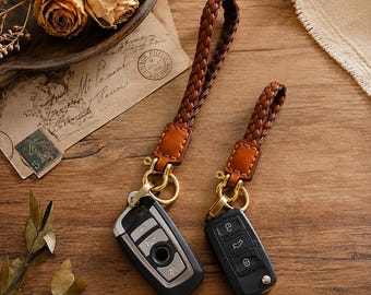 Handmade Braided Leather Keychain, Car Key Holder, Wrist Strap Key Fob, Solid Brass Vintage EDC Gift, New Car Gift, Dad Gift
