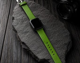 Handmade Green Leather Watch Band for Apple  | Full Grain Leather Strap for Apple Watch Ultra 2/Series 9/8/7/6/SE | 38 40 41 42 44 45 49mm