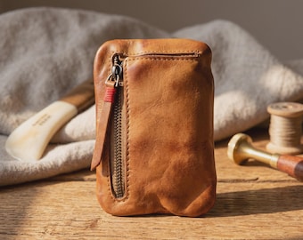 Monedero artesanal de cuero curtido vegetal para monedas, tarjetas y llaves, mini cartera de cuero, regalo perfecto de cumpleaños y Navidad para hombres y mujeres.