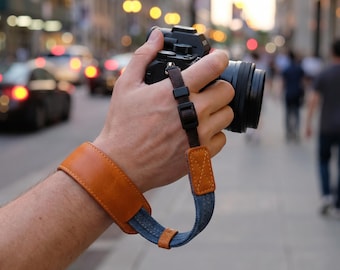 Leren camerariem, hoes camerariem, camerahandriem, verstelbare camerapolsriem - vintage stijl voor DSLR- en spiegelloze camera's