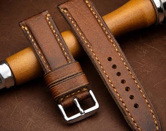 Vintage Leather Watch Strap,Handmade Full Grain Leather Watch Band, Custom Width 18mm 20mm 22mm 24mm, Rustic Brown Replacement Strap for Men