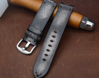 Vintage Black Leather Watch Strap, Quick Release Watch Band, Handmade Leather Strap, Distressed Leather Wristband Gift for Men
