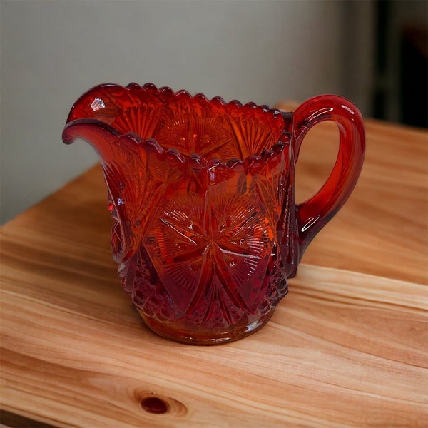 L.E. Smith Vintage Red Amberina Glass Small Pitcher/Creamer with Sawtooth Rim