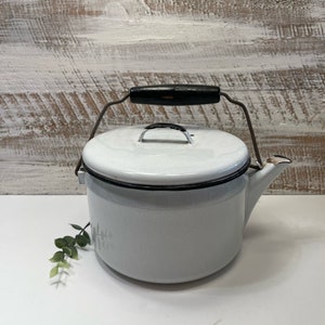 Vintage Enamel Wood Handle Tea Pot/Tea Kettle in White with Black