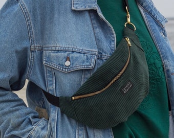 Bumbag made of corduroy with metal zipper / forest green, dark green / belly bag, belt bag, Fanny Pack