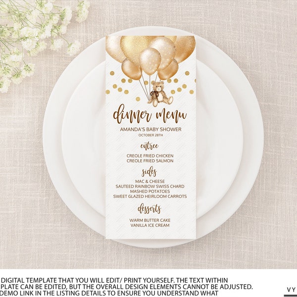 Editable 4 x 9in Teddy Bear Themed Dinner Menu Template for Party or Baby Shower, Digital Download, TBBS01