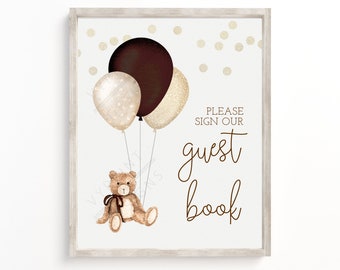 Printable Bear Baby Shower BGTBBS01 Blue and Gold Teddy Bear Baby Shower Guest Book Sign 8x10 Balloon Please Sign Our Guest Book Sign