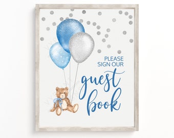 Printable Bear Baby Shower BGTBBS01 Blue and Gold Teddy Bear Baby Shower Guest Book Sign 8x10 Balloon Please Sign Our Guest Book Sign