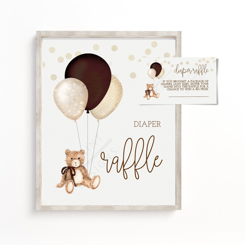 TBBS02 Brown and Gold Teddy Bear Diaper Raffle Sign Printable Diaper Raffle Baby Shower Sign Balloon Baby Shower Diaper Game