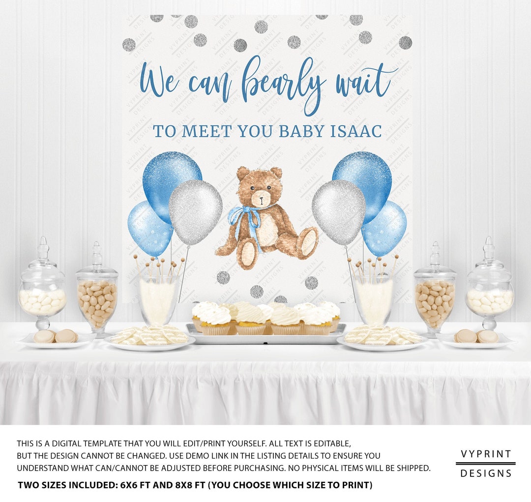 Blue and Silver Teddy Bear Baby Shower Backdrop Template With - Etsy