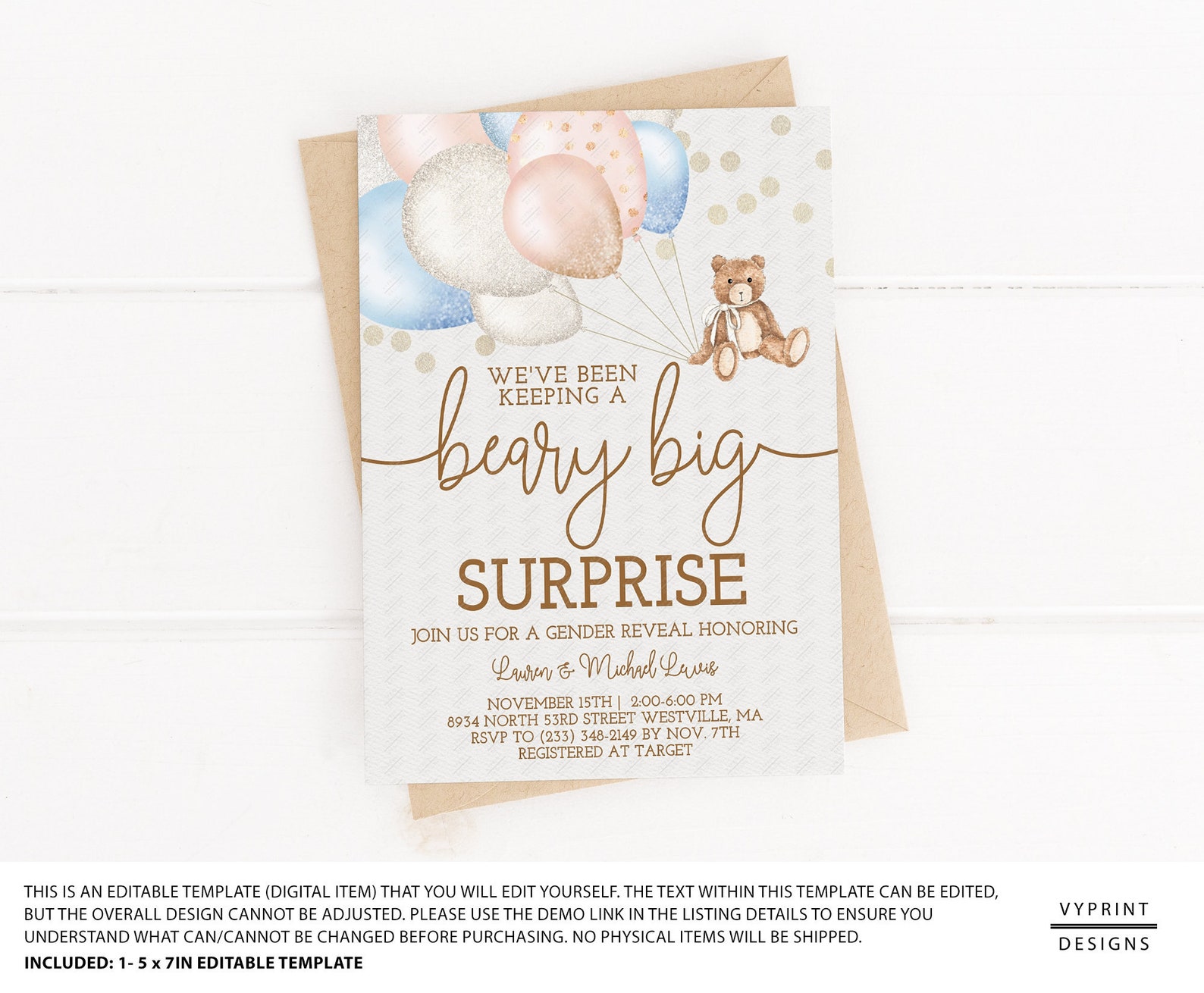 Editable Teddy Bear Baby Gender Reveal Invitation Bear Themed Etsy België