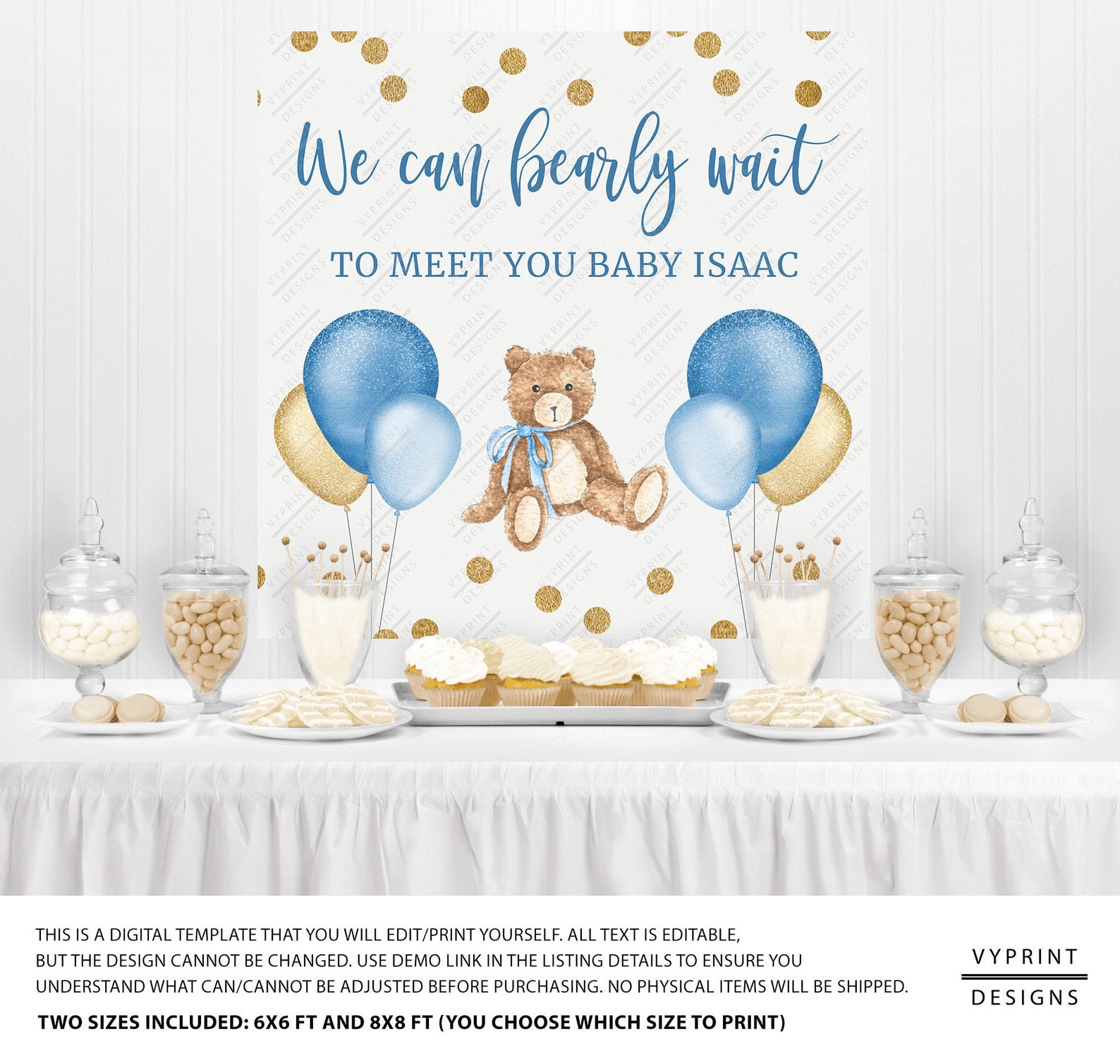 Editable Blue and Gold Teddy Bear Baby Shower Backdrop - Etsy