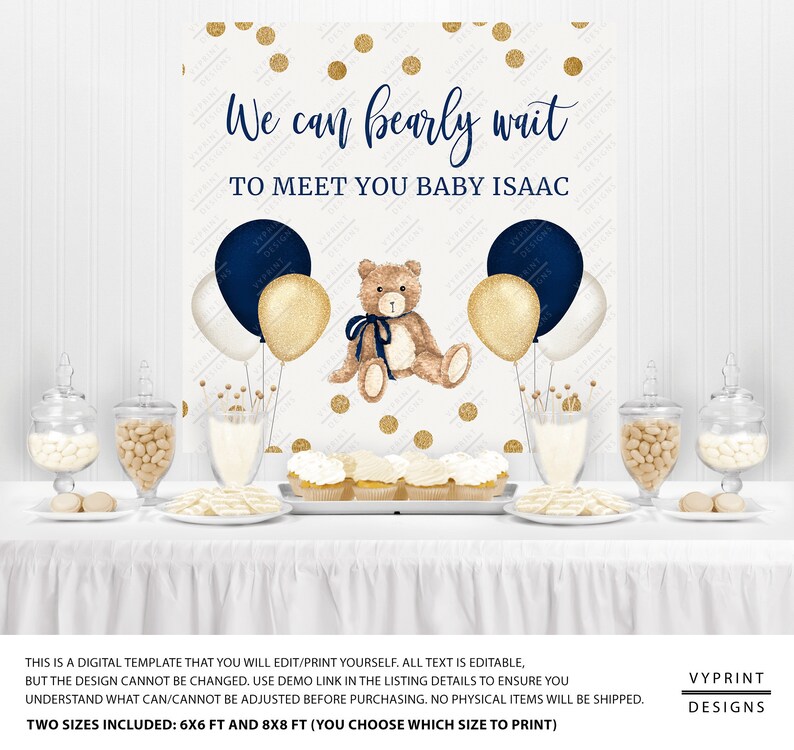 Editable Navy Blue and Gold Teddy Bear Baby Shower Backdrop - Etsy