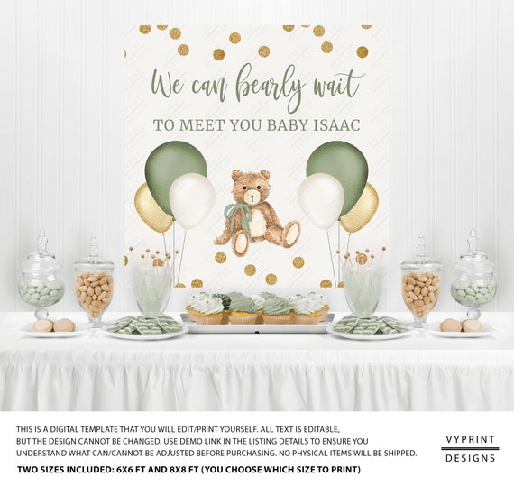 Editable Green and Gold Teddy Bear Baby Shower Backdrop | Etsy