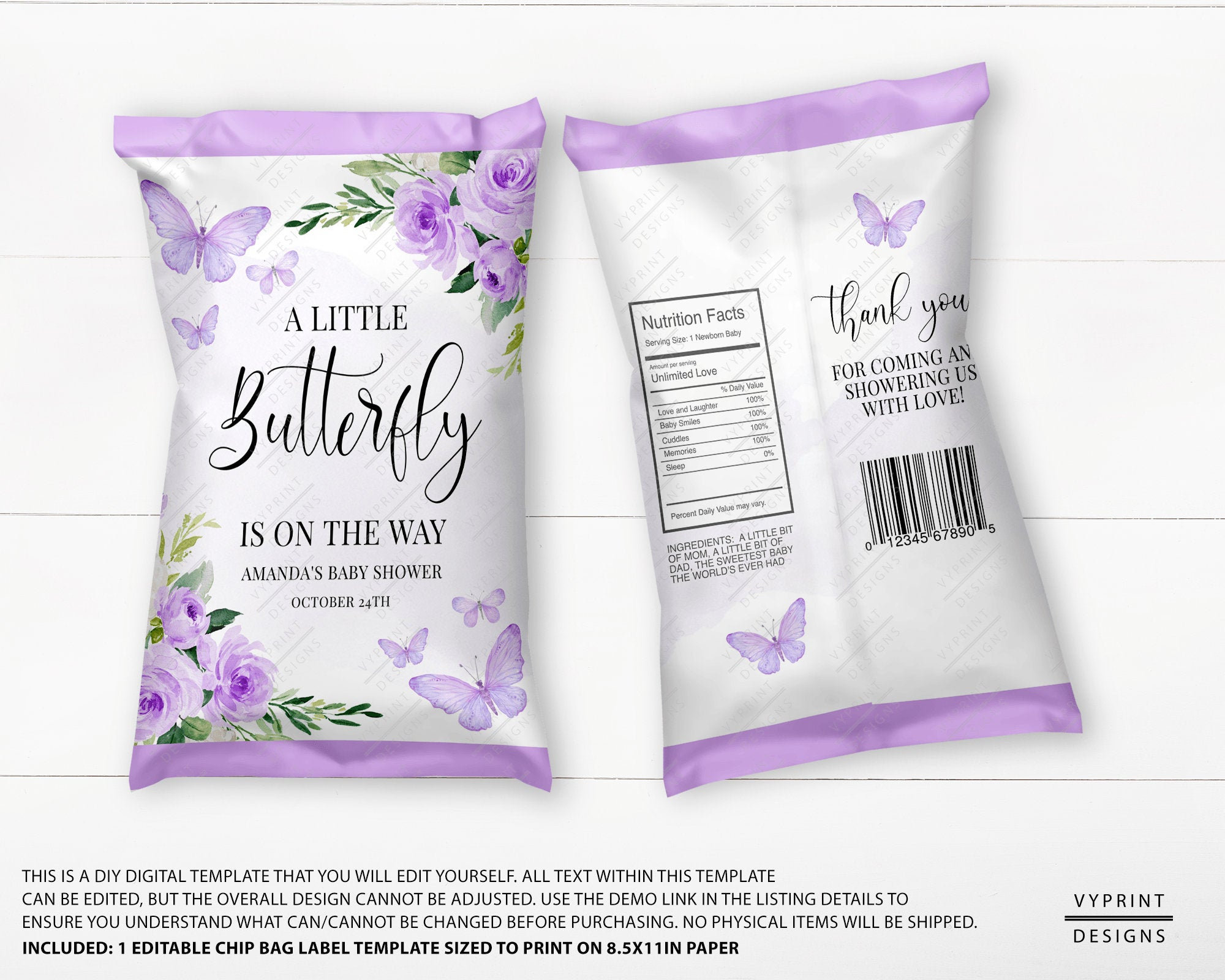 Purple and White Floral Butterfly Chip Bag Label Template Etsy