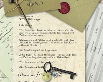Personalisiertes Zulassungsschreiben -PAKET, Schule für Hexerei + Zauberei, Zauberstab-Anmeldestundenplan, Namensschlüsselanhänger