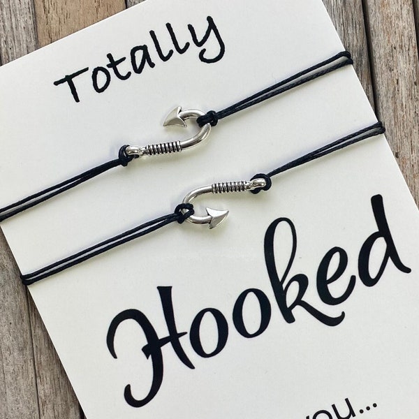 Matching Couples Bracelets, Fishhook wish bracelets, Hooked on you, Couples Bracelets, Fish Hook Bracelet, Boyfriend Gift, Anniversary Gift