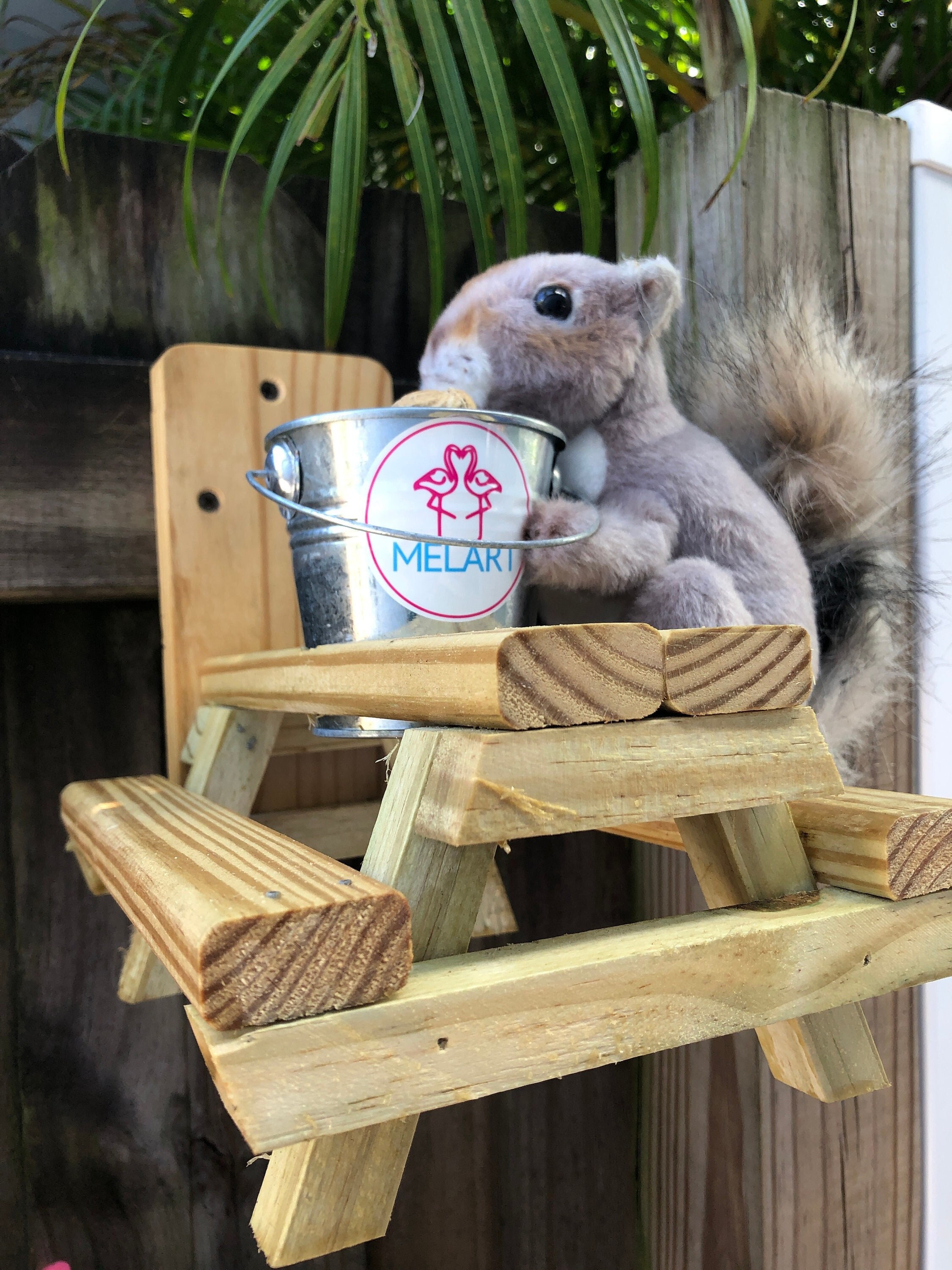 Squirrel Picnic Table With Mount and Bucket, Squirrel Feeder, Wooden Outdoor Picnic Bench, Yard ...