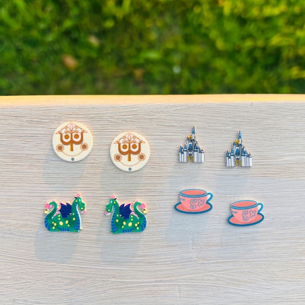 Parks in Florida Earrings: Magic Kingdom Rides, Handmade Acrylic Nickel Free Studs Hypoallergenic
