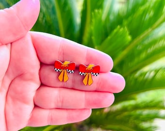 Bow Lightning McQueen Earrings: Cars Movie, Handmade Acrylic Nickel Free Stud Earrings Hypoallergenic