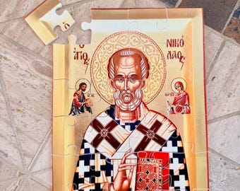 St Nicholas Greek Orthodox Acrylic Puzzle, Children's Patron Saint Icon, Christian Religious Gift