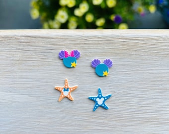 Mermaid Mouse & Starfish Earrings: Ariel, Disney Cruise, Handmade Acrylic Nickel Free Studs Hypoallergenic