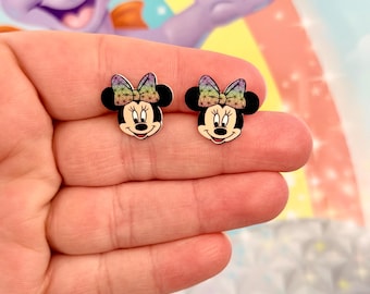 Girly Mouse Spaceship Earth Earrings: EPCOT Inspired, Minnie Bow, Handmade Nickel Free Stud Earrings