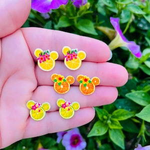 Floral Citrus Mouse Earrings: Violet Lemonade, Epcot Flower and Garden, Handmade Nickel Free Studs