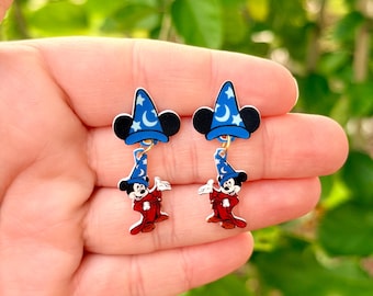 Dangle Sorcerer Mouse Earrings: Fantasmic, Hollywood Studios, Mickey Ears, Handmade Nickel Free Stud Earrings Hypoallergenic