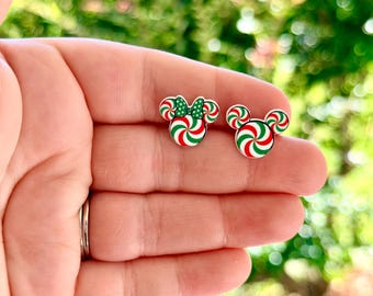 Peppermint Twist Mouse Earrings: Disney Christmas Jewelry, Handmade Acrylic Nickel Free Studs Hypoallergenic