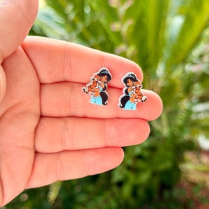Jasmine and Rajah Earrings: Disney Princess, Aladdin, Handmade Acrylic Nickel Free Studs Hypoallergenic